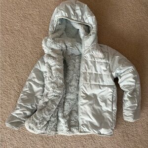 Girls teal Hooded Puffer with Faux Fur reversible